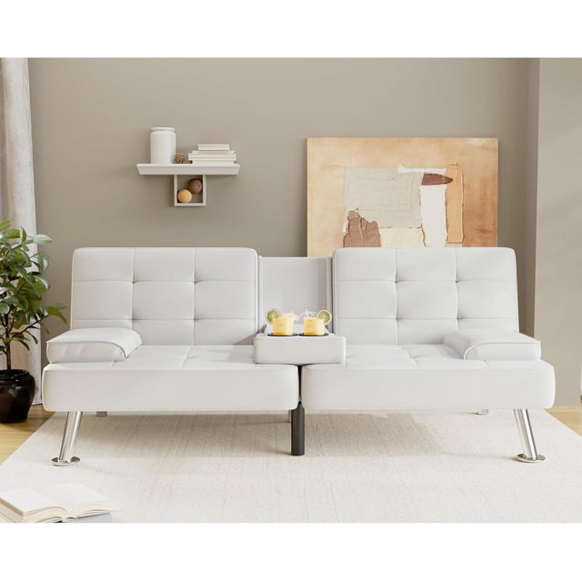 Homall Canapé-Lit Futon en Similicuir Canapé Moderne Convertible Inclinable Pliant avec 2 Porte-Gobelets, Blanc