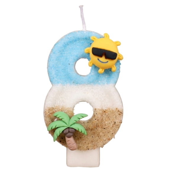 Birthday Candle Number Island Style Blue White Brown with Sun and Tree Cartoon Creative Party Cake Topper Decoration, Tropical Numeric Candle for Celebration, Paradise Themed Cake Decor