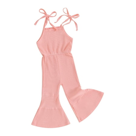 

Suealasg Little Girl Suspender Jumpsuit Kids Girls Sleeveless Tie Up Ribbed Rompers Bell Bottoms Pants Toddler Solid Color Flared Pants