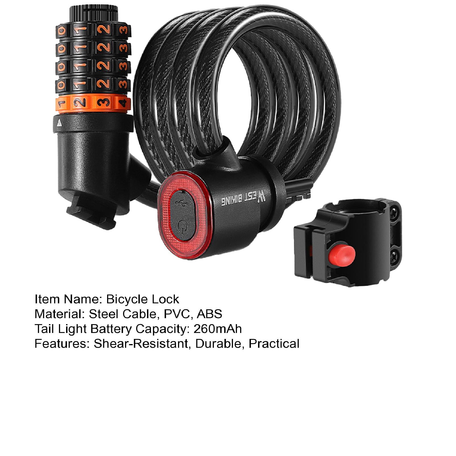 Pebbuoy Bicycle Lock with LED Tail Light Shear-Resistant Anti-Theft 5 Digit Resettable Combination Bike Cable Lock Accessories