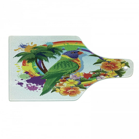 Parrot Cutting Board, Animal Lorikeet in Rainbow Circle Palm Trees Tropical Plants Flowers Art Print, Decorative Tempered Glass Cutting and Serving Board, Wine Bottle Shape, Multicolor, by Ambesonne