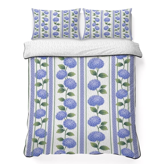 Full Quilt Bedding Set, Garden Purple Hydrangea Flower Soft Microfiber Summer Bedspread Coverlet with 2 Pillow Shams for All Season, Watercolor Floral Leaves Breathable Bedding Set for Hot Sleepers
