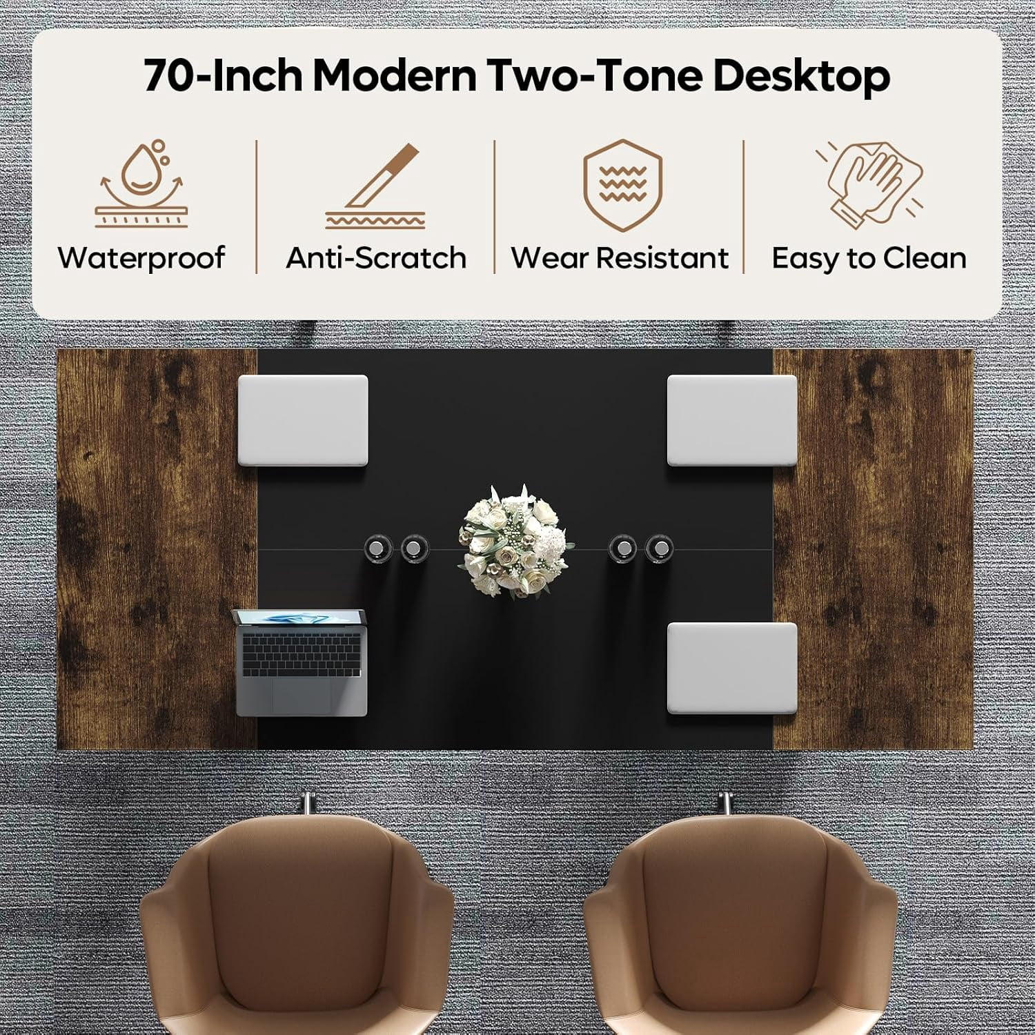 70-Inch Large Executive Desk with Thickened Desktop, Wood and Metal Conference Table for Home Office, Rustic Brown