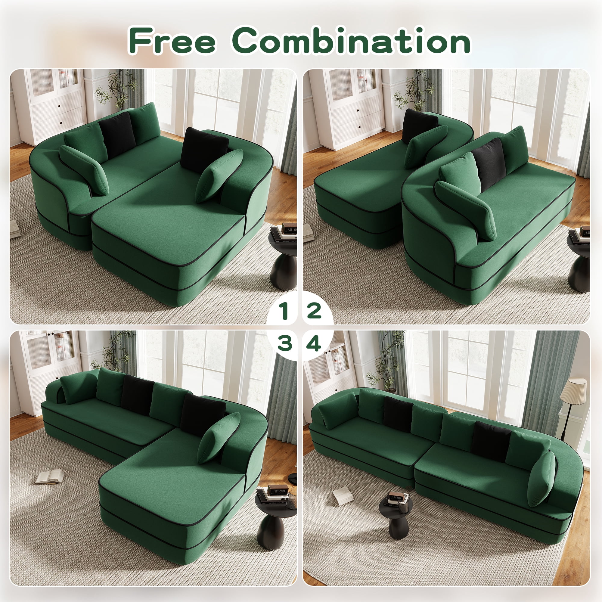 106" Teddy Fabric No Assembly 32D Boneless Sofa, Comfy Couch with L-Shaped Chaise for Living Room, Green