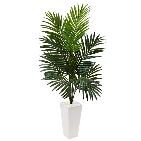 Nearly Natural 4.5 ft. Kentia Palm Artificial Tree in White Tower Planter
