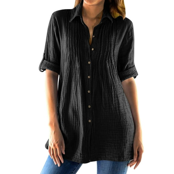 Womens Collared Tees Shirt Button Up Tunic Tops Front Pleated Blosues Rolled Sleeve Shirts Plain Classic Tunic Blouse Baggy Boho Dressy Shirt Light Breathable Tunics Beach Holiday Outfits