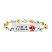 Diabetes On Insulin Identification Medical Alert ID Ball Bead Link Chain Bracelet Gold 2 Tone Steel Custom Engraved