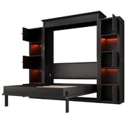 Euroco Wood Queen Size Murphy Bed with Shelves, Convertible Wall Bed with LED Light, Black