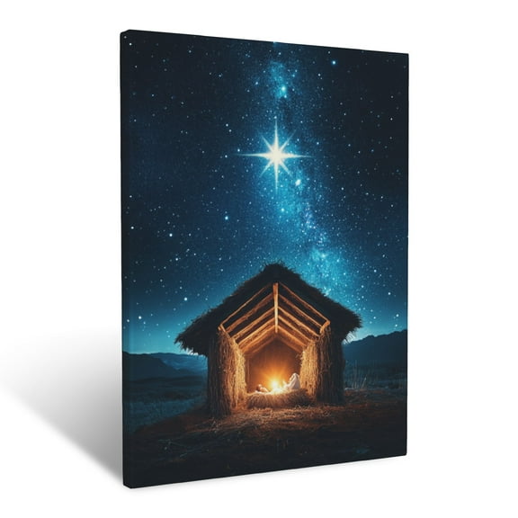 CozyNet Starlit Nativity Scene Humble Stable Glowing Under Radiant Celestial Star Wall Art Prints With Frame Canvas Perfect for Living Room & Bedroom, Ready to Hang, Wall Decor 12"x16"