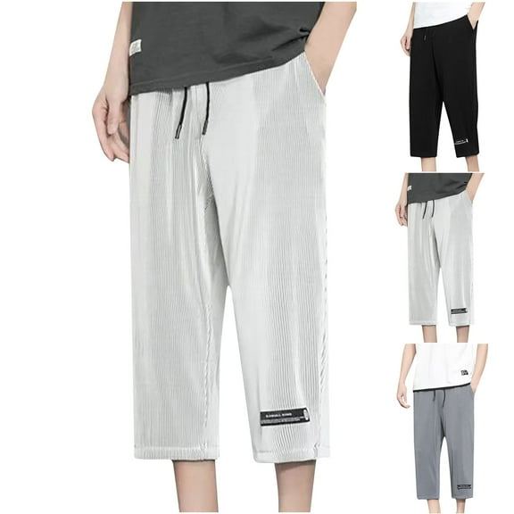 BinBiL Men's Summer Breathable Quick Drying Loose waist ultra-thin pants, cropped pants Gray 10(XL)