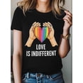 thumbnail image 4 of Women's T-Shirt LOVE IS INDIFFERENT Rainbow Heart Short Sleeve Casual Tee Classic Crew Neck T Shirt for Women Black, M, 4 of 7