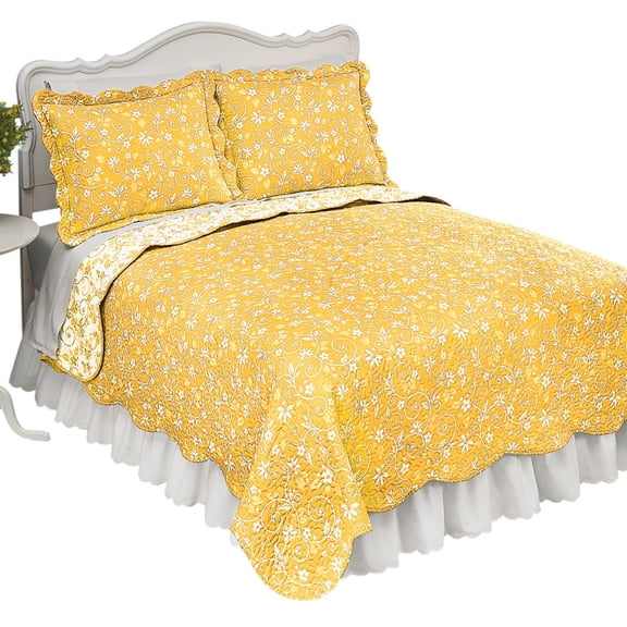 Collections Etc Reversible Floral Quilt with Scalloped Edges and Two-Tone Design, Yellow, Full/Queen