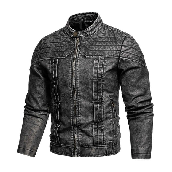 Yusimy Men's PU Leather Biker Jacket Long Sleeve Zip-Up Stand Collar Vintage Washed Motorcycle Style Leather Coat