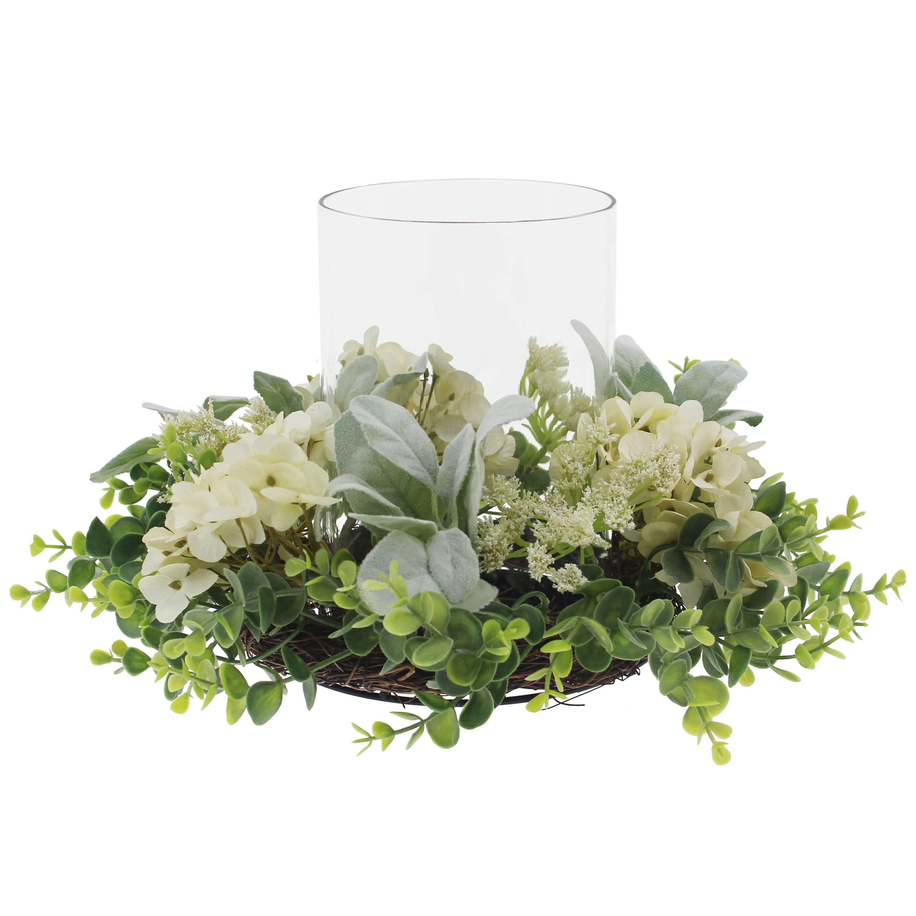 Mainstays Decorative Hurricane Pillar Candleholder with Faux White Hydrangea, 8"