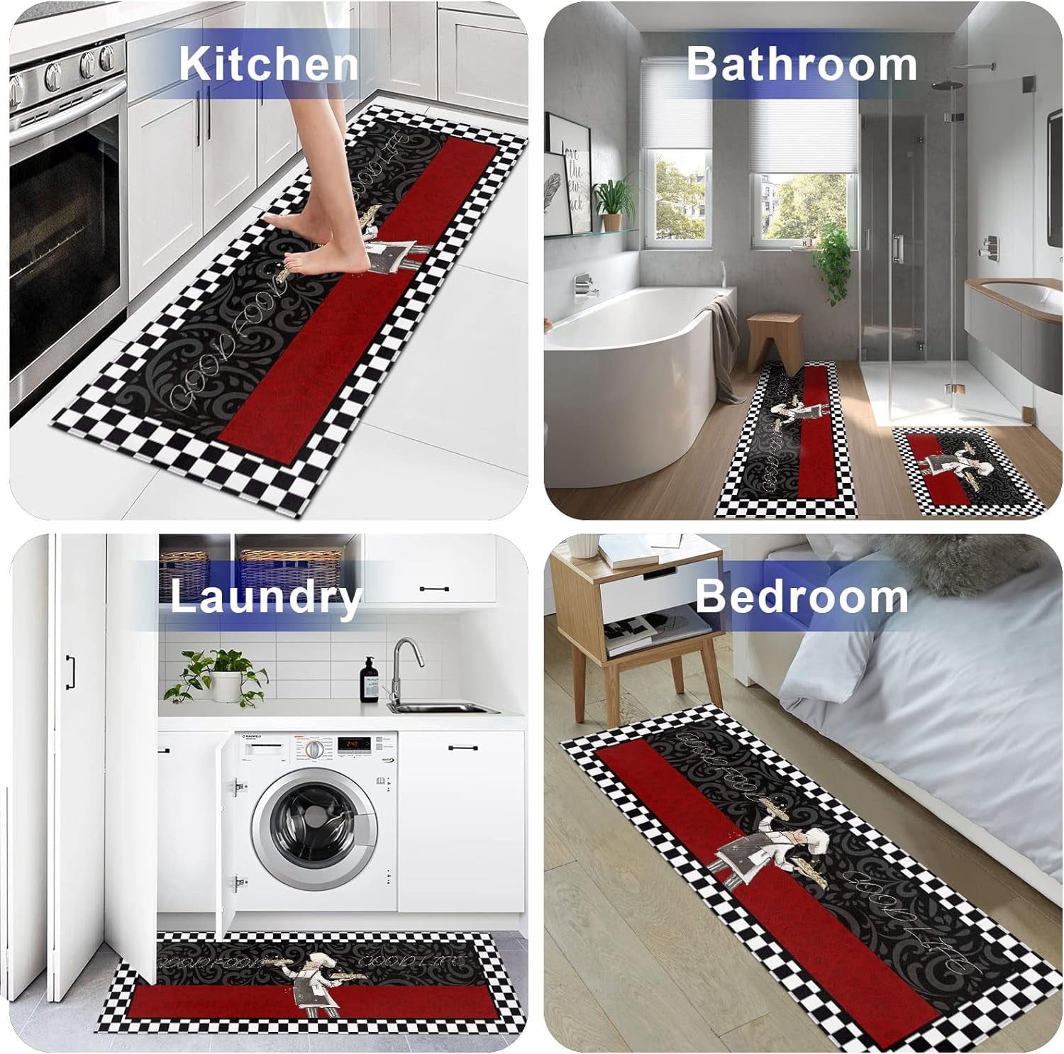 Chef Kitchen Floor Mat Set of 2, Funny Cartoon Figure with Food Buffalo Checker Rugs Water Absorbent Comfort Runner Rugs and Mats for Bedroom/Bathroom Entry Way Decor Chic Texture Burgundy Red Black