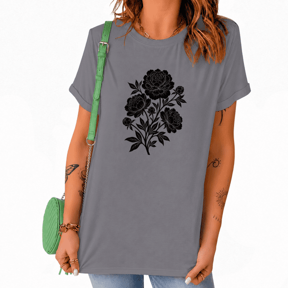 UNISHE Women's Black & White Peony Line Art T-Shirt - Minimalist Floral Graphic Short Sleeve Tee