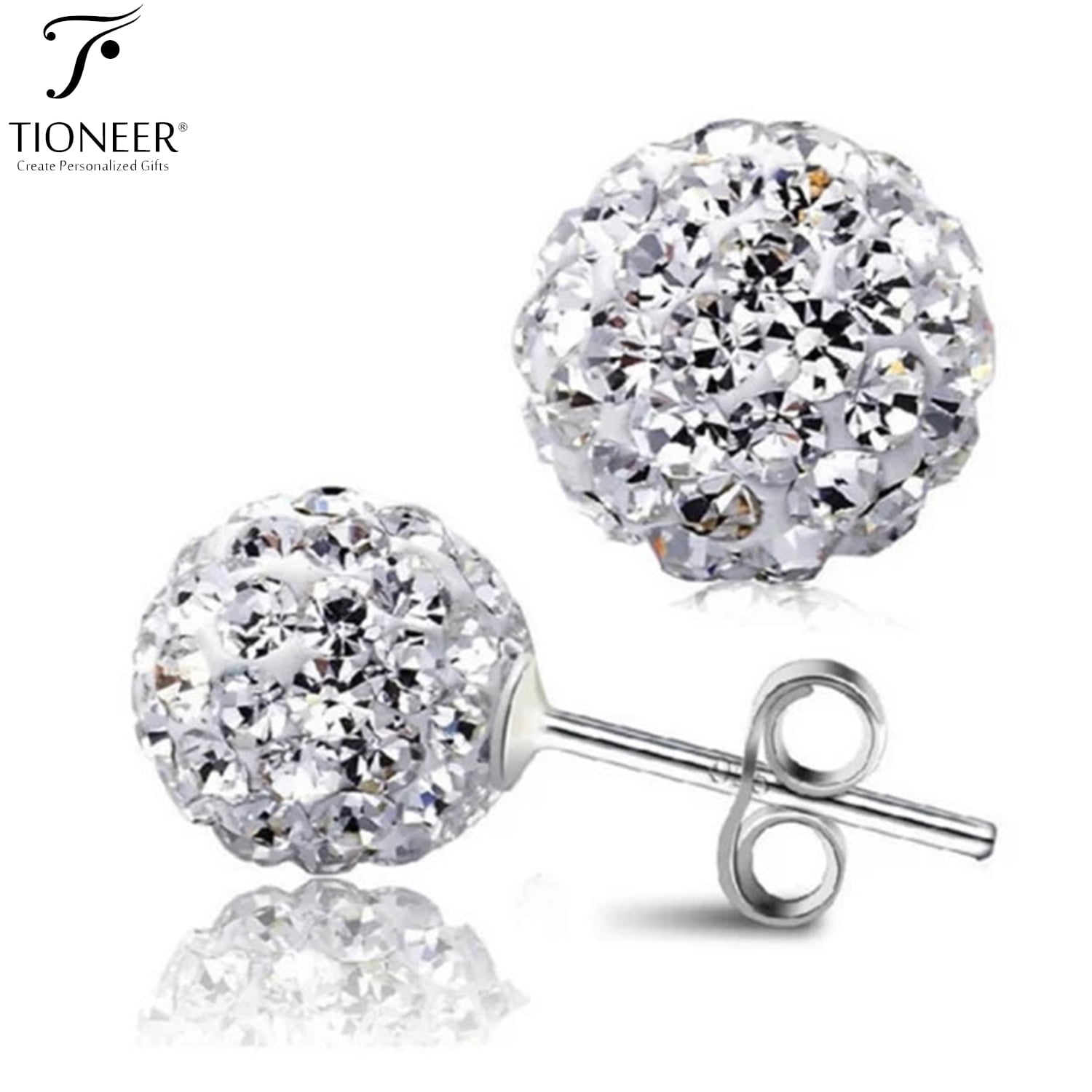 Tioneer Sterling Silver 925 Crystal Ball Stones Brilliant Round Stud Earrings Butterfly Push Back Silver or Yellow Gold