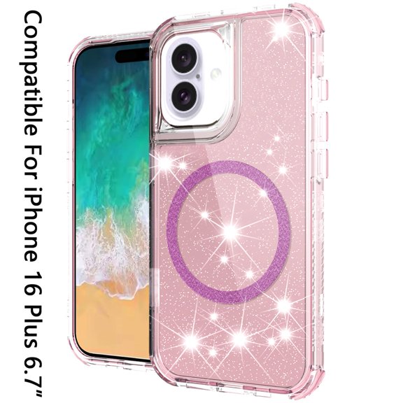 For Apple iPhone 16 Plus (6.7") Magnetic Ring Circle Glitter Bling Sparkle 3in1 Hybrid [Compatible with Magsafe] Clear Shockproof Cover ,Xpm Phone Case [ Pink ]