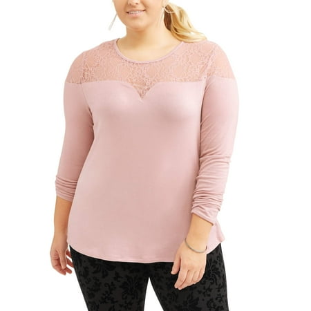 Junior Plus Lacy Yoke Shirt-tail Top
