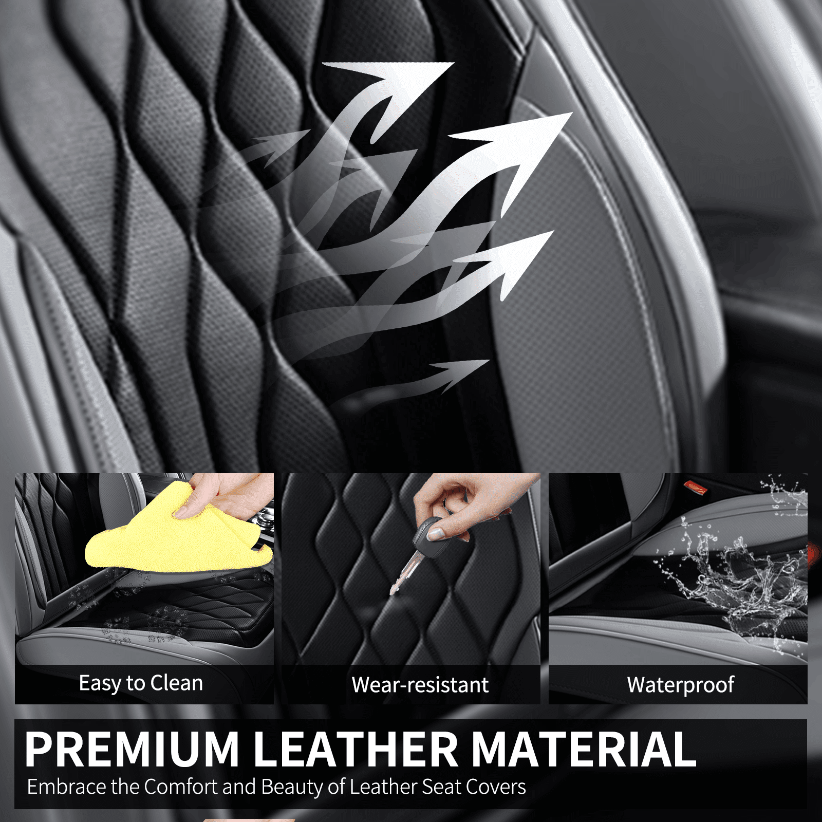 FLORICH Universal Car Seat Covers Front Pair, Waterproof Faux Leather Seat Protectors, Automotive Interior Cushions Fit for Most Cars SUV Trucks, Black & Gray