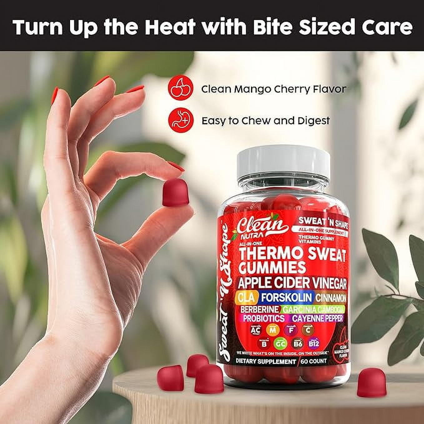 Sweat N' Shape Gummies | Apple Cider Vinegar CLA Forskolin Cinnamon Berberine Garcinia Cambogia Probiotics Cayenne Pepper Vitamin B12 Vitamin A Vitamin C Vitamin D Vitamin B6 Boron by Clean Nutra