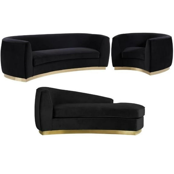 Home Square 3-Piece Set with Velvet Accent Chair Chaise and Sofa in Black