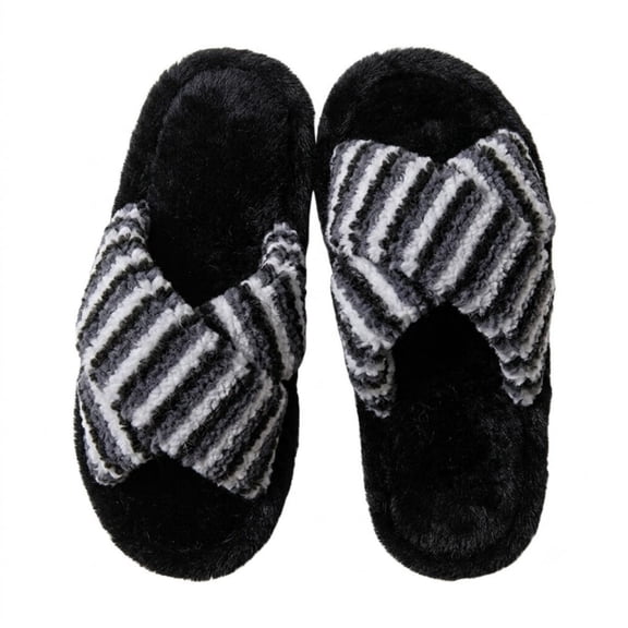 POROPL Slippers for Women,Plush Warm Fuzzy Striped Cross Band House Shoes Slip On Bedroom Slippers