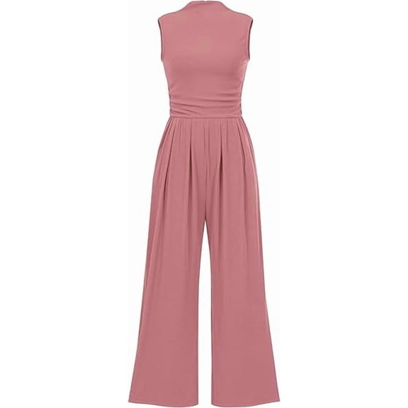 PRETTYGARDEN Womens Summer Jumpsuits Dressy Casual One Piece Outfits Sleeveless Mock Neck Wide Leg Pants Rompers with Pockets