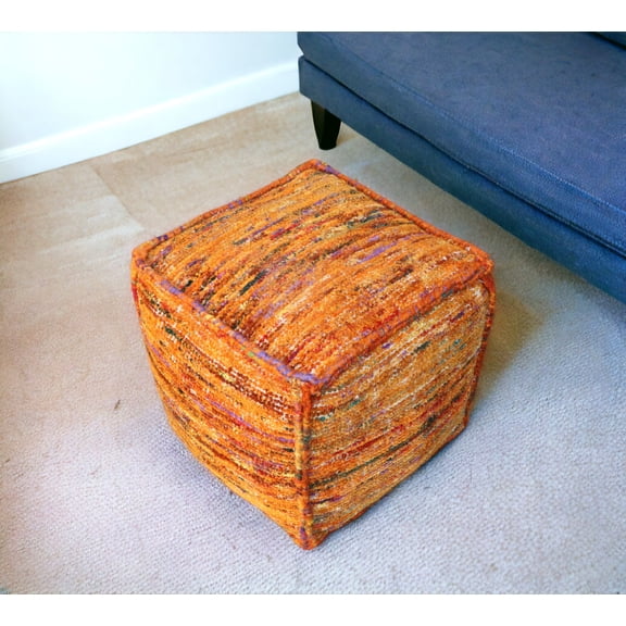 18" Orange Recycled Silk and Cotton Blend Cube Pouf Ottoman