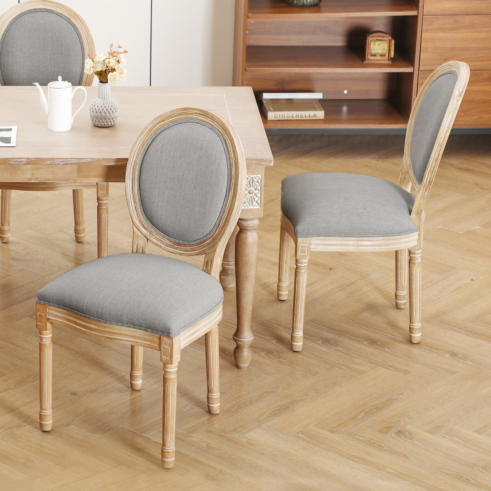 Furniliving French Country Dining Chairs, Line Fabic Dining Room Chairs,Set of 2,LightGrey