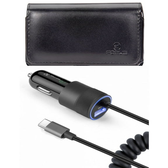 36W Fast Car Charger & Case Belt Clip for iPhone 15 Pro - USB-C Power Adapter Coiled Type-C Cable Extra USB Port and Leather Swivel Holster Loops Q3P for iPhone 15 Pro (6.1")