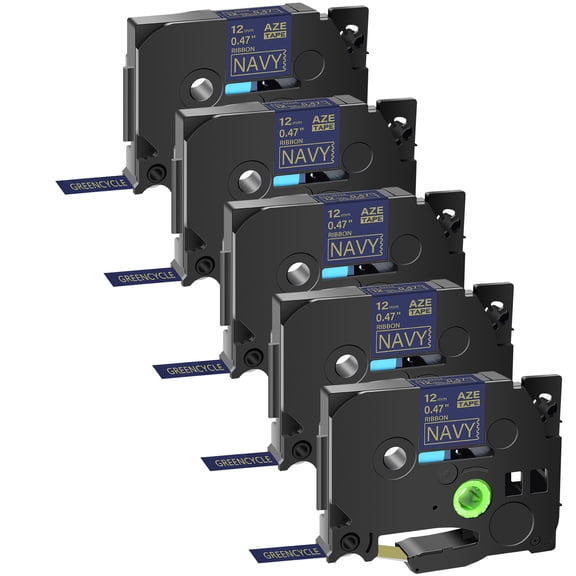 GREENCYCLE 5PK Compatible for Brother P-touch TZe-RN34 TZ-RN34 Gold on Navy Blue 12mm 0.47" Satin Ribbon Embellish Fabric Label Tapes