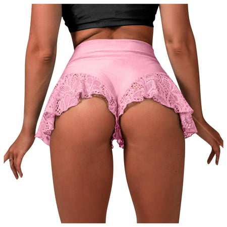 ZPYESWOW Womens Workout Shorts with Pockets New Women s High Waist Lace Ruffled Dance Shorts Hot Pants Mini Tight Bikini Tummy Control Shorts Pink M