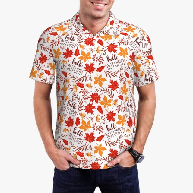 Balery Hello Autumn Maple Leaf Camisa Polo de Hombre con Estampado, de Manga Corta y Tejido Medio, Camisa Tipo Golf Polo-4X-Large