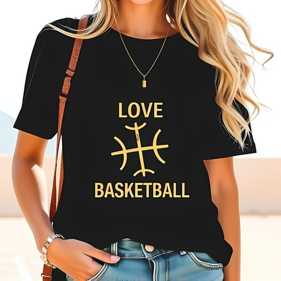 Stylish Cotton Short Sleeve T-Shirt for Women - " LOVE BASKETBALL " Graphic in Bold Gold with Fun Basketball Design
