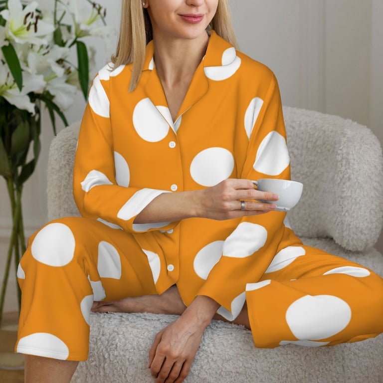 Anjue Women's Polka Dot Pajama Set - Long Sleeve Top & Pants Loungewear, Soft Bamboo Viscose (Coral, Size L)