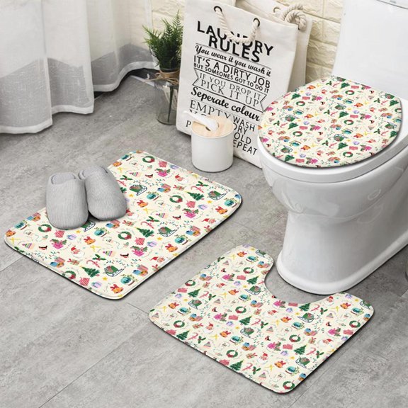 Beige Christmas Santa Pattern Bathroom Rugs Sets 3 Piece,Toilet Cover Set,Absorbent Non Slip Bathroom Mats Sets with U-Shaped Contour Rug Toilet Rug Set