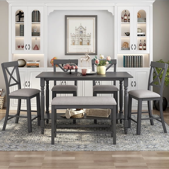 Harper & Bright Designs 6 Pieces Counter Height Dining Table Set with Bench, Wooden Dining Table Set 4 Chairs with Shelf and Pad, Kitchen Table and Chairs for 6 Persons, Gray