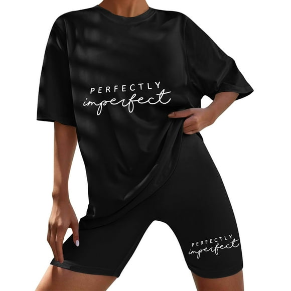 Ketyyh-chn99 Two Piece Short Set for Women Ladies Pajamas Set Outfits Sweatsuit Sets Casual Top Shorts Set Summer Loose Outfits Black,L