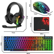 Wired Gaming Keyboard and Mouse Headset Combo, Rainbow LED Backlit Wired Keyboard, Over-ear Headset with Microphone, Rainbow Backlit Gaming Mouse, Mouse Pad for PC, Notebook, Mac, PS4, Xbox (Black)