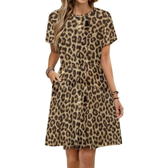 Leopard Print Dress Fashion Beach Short Sleeve Dresses Female Party Printed Sundress