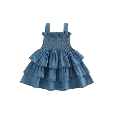 

Qtinghua Toddler Baby Girls Denim Dresses Sleeveless Suspender Ruffle Layered Dress A Line Casual Sundress Blue 2-3 Years