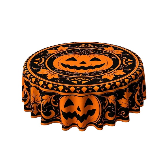 Kdkad Halloween Table Cloth, Halloween Vintage Round Tablecloth Printed Pumpkin and Maple Leaf, Orange Black Waterproof Table Cover for Halloween Decorations, Dinner Party, Indoor Outdoor Table Decor