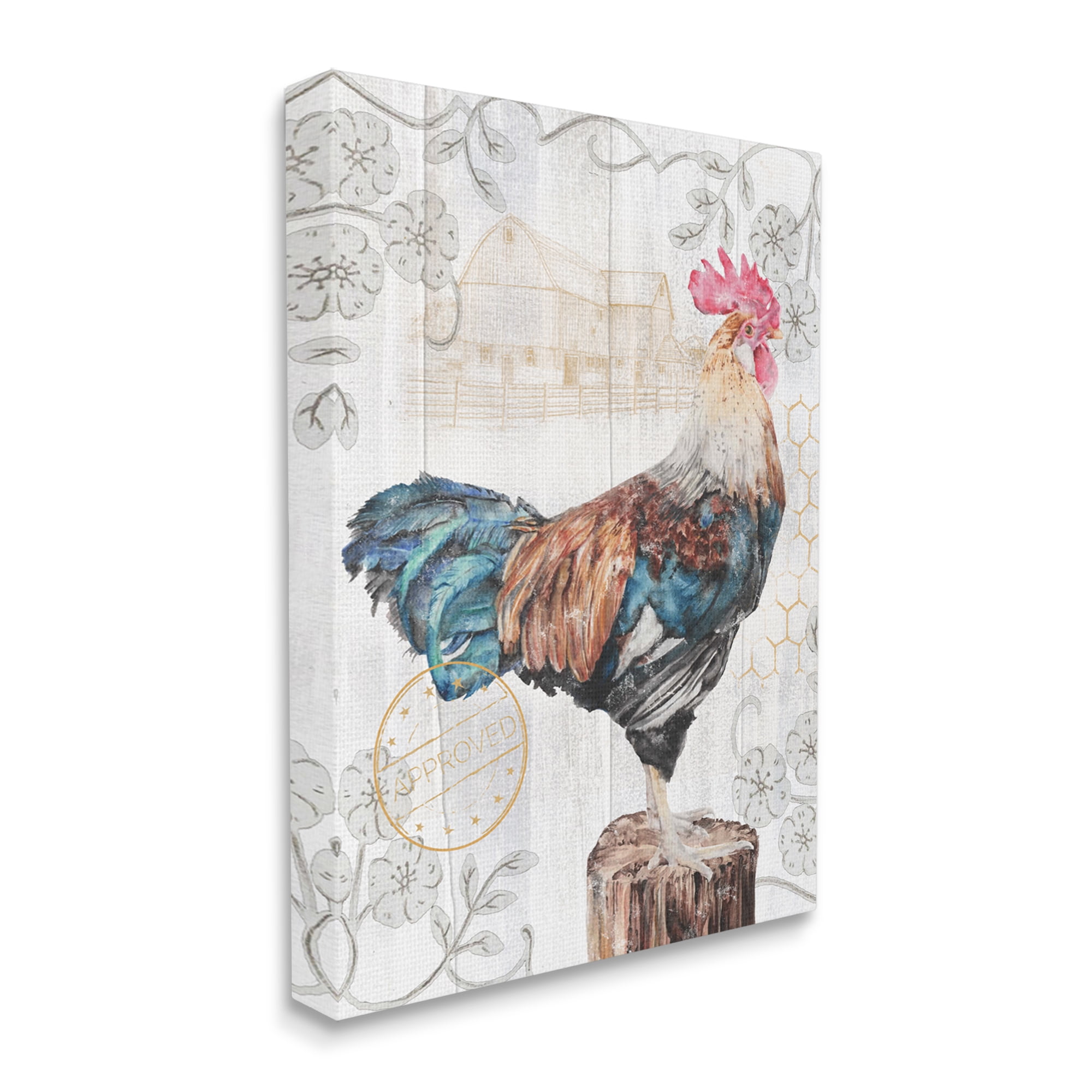Stupell Industries Rooster with Vintage Pattern Animals & Insects Painting Gallery Wrapped Canvas Art Print Wall Art, 24 x 30