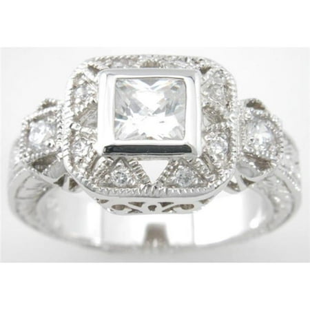 - 925 Sterling Silver Platinum Finish Princess Antique Style Pave Ring Size 5