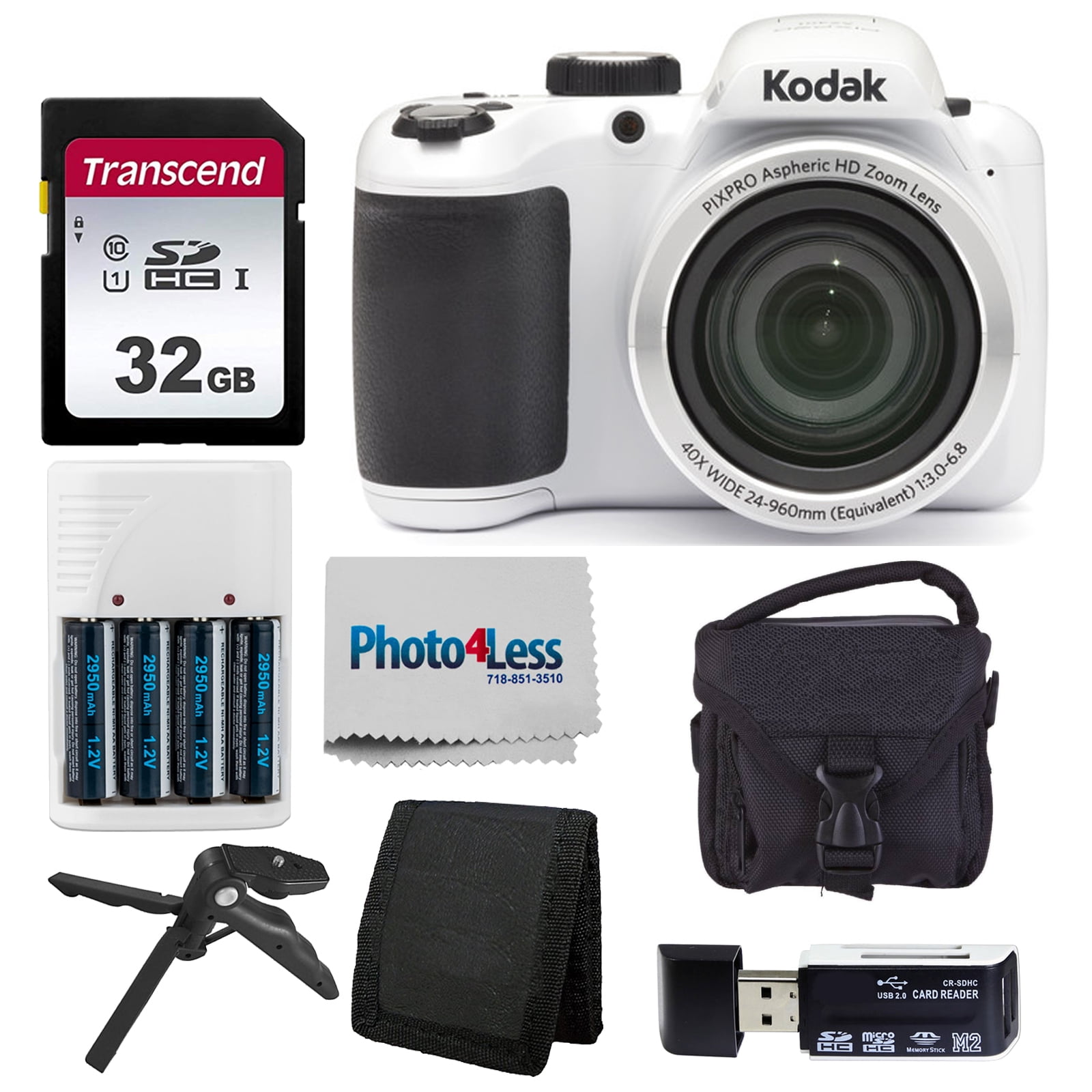 Kodak PIXPRO AZ401 Digital Camera (White) + 32GB SD Memory Card + Accessories!