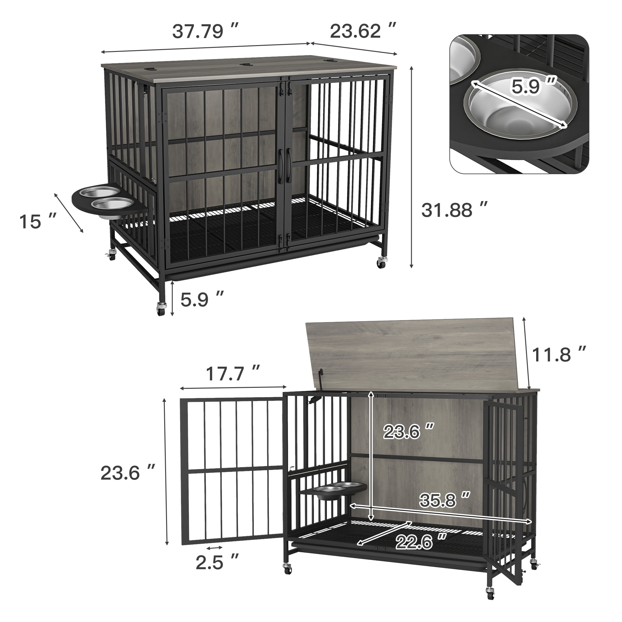 Kadyn 37" Dog Crate with Feeding Bowl, Wheels, Flip-Up Top Opening Kennel with Trays, Furniture Style Dog Cage for Indoor Dogs, Gray