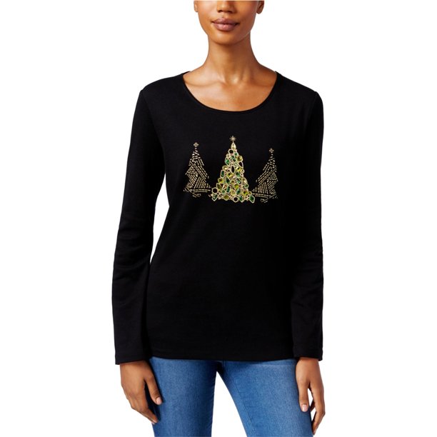 Karen Scott - Camiseta con estampado de árbol de Navidad para mujer, color negro, PM Karen Scott Camiseta gráfica