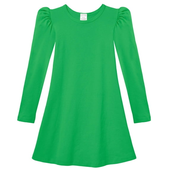 Girls Soft Cotton Puff Long Sleeve Dress | Elf Green
