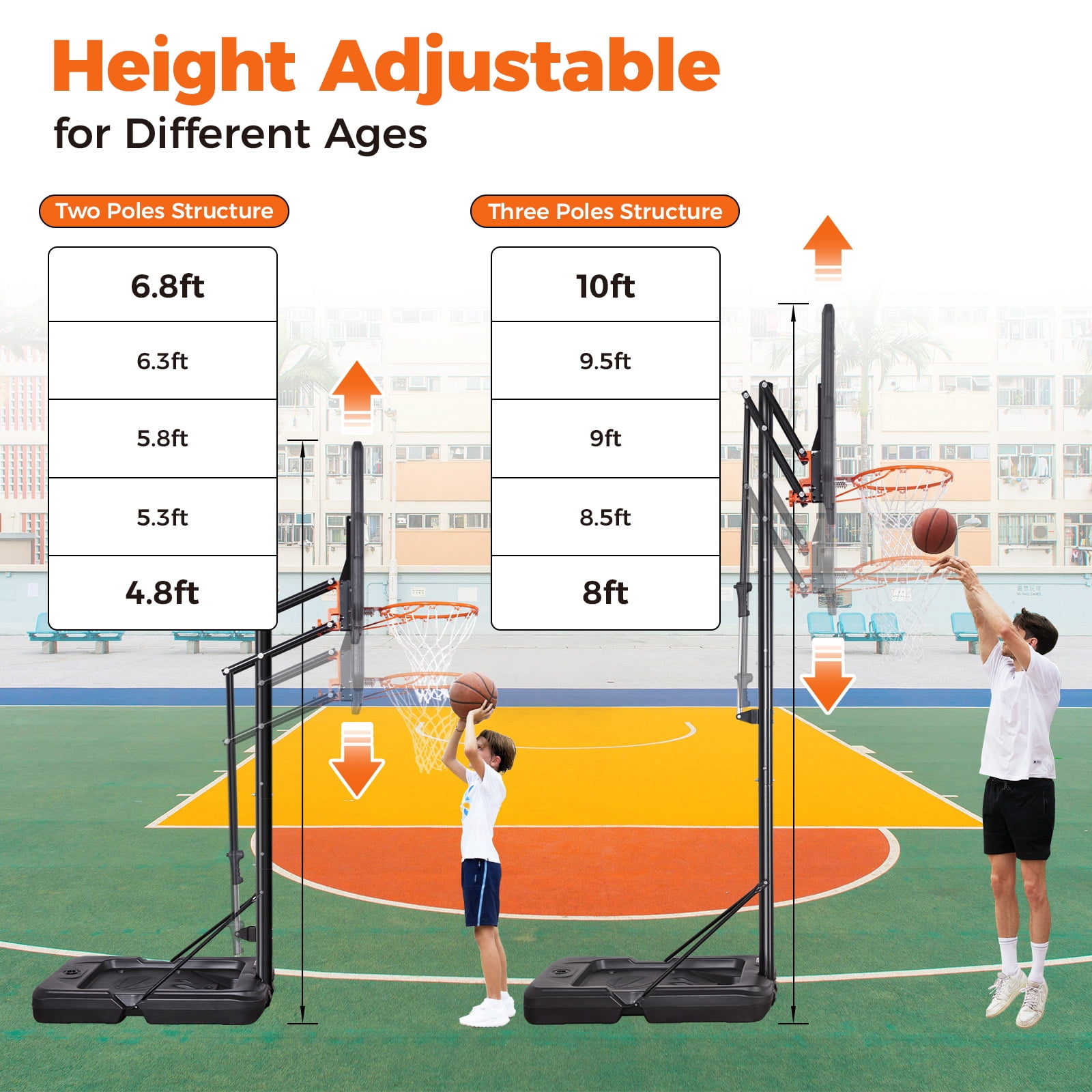 Anymay Portable Basketball Hoop Outdoor with 48in Polycarbonate Backboard，5.3-10FT Height Adjustable Basketball Hoop Goal System,Red